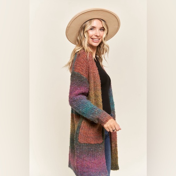 Multicolor Ombre Textured Marled Knit Cardigan with Pockets - Picture 4 of 16
